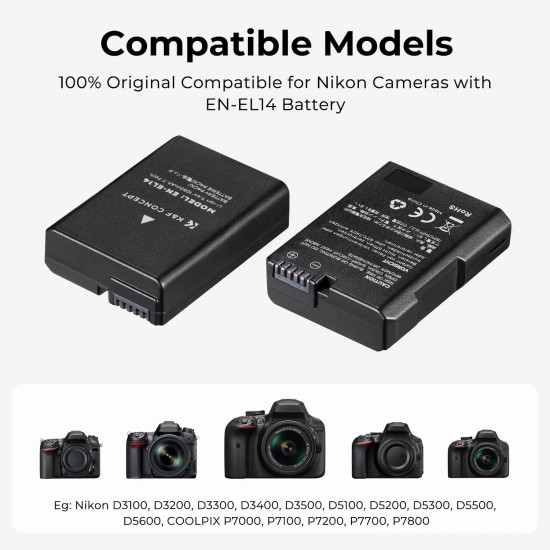 K&F Concept EN-EL14 Battery Back - 2 Batteries and Dual Charger